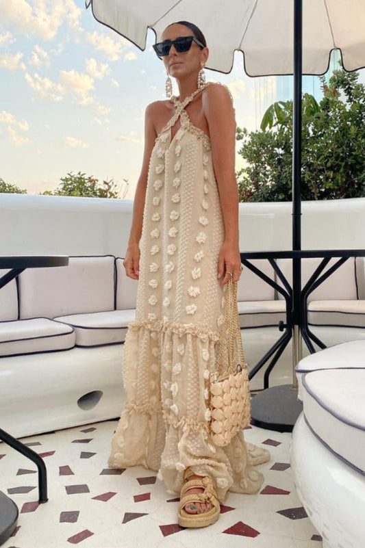 3d Flower Patchwork Halter Maxi Dress