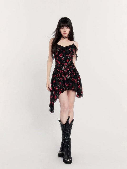 Print Gothic Mini Dress With Asymmetric Hem