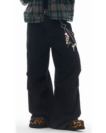 Washed Pleated Wide Leg Cargo Pants