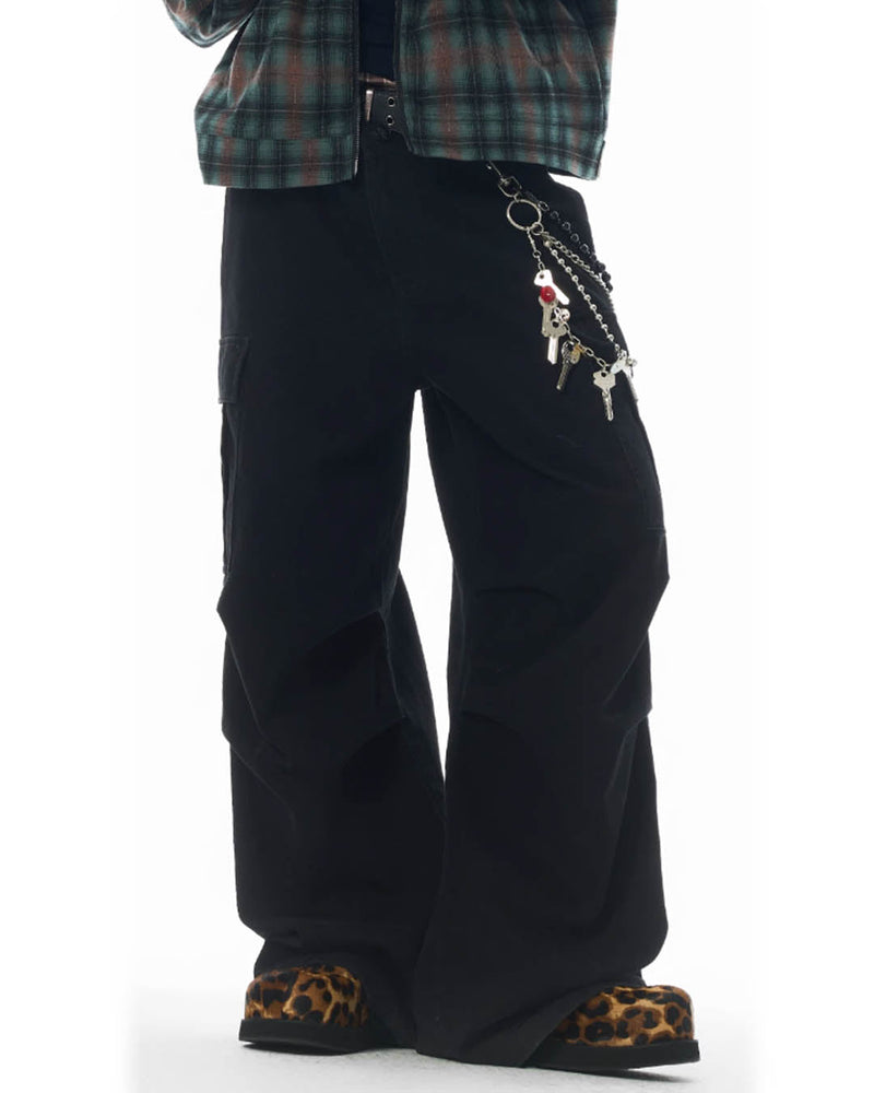 Washed Pleated Wide Leg Cargo Pants