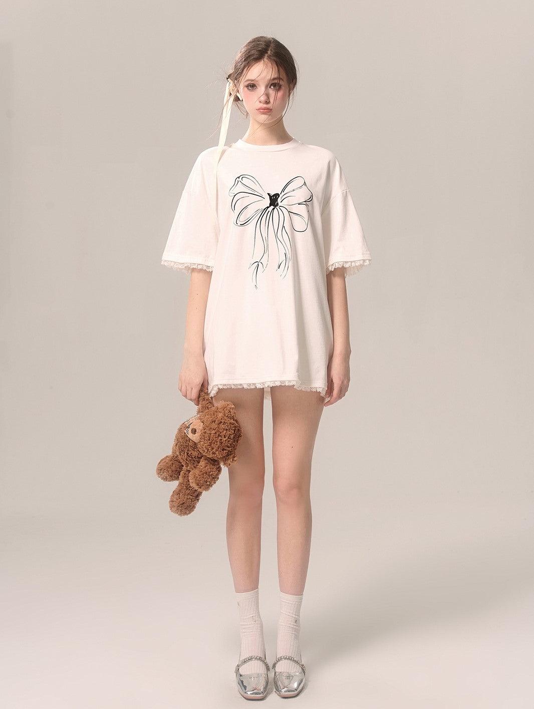 White Loose Short-sleeved T-shirt With Bow Lace Trim