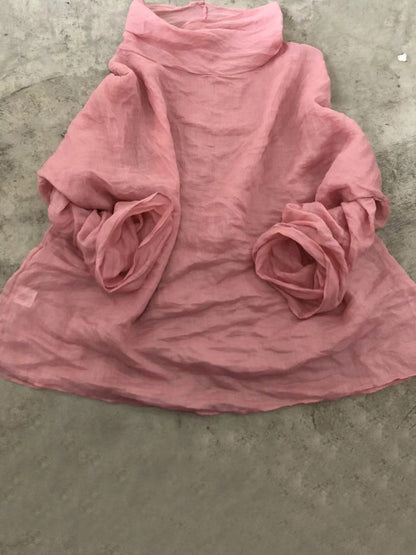 Autumn Pure Color Turtleneck Ramie Blouse Qu020