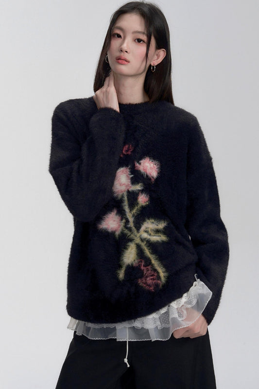 Embroidered Fuzzy Sweater