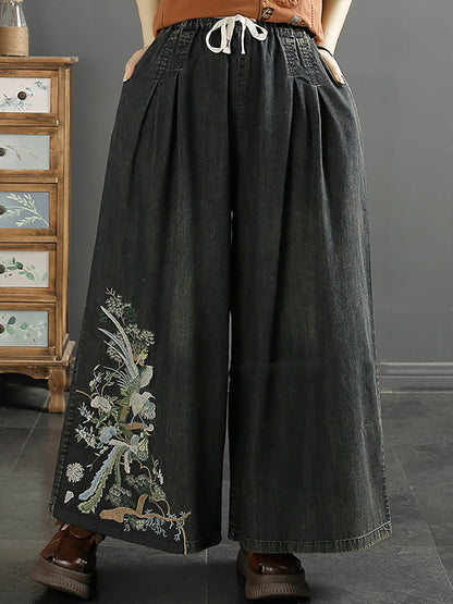 Embroidery Wide-leg Denim Pants Co1052