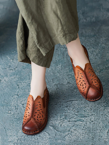 Summer Genuine Leather Cutout Spliced Falt Shoes Ll003