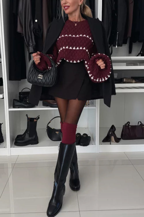 Lantern Sleeves Color Block Chunky Knit Sweater
