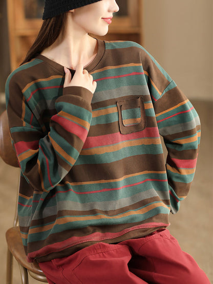Autumn Colorblock Stripe O-neck Cotton Sweatshirt Ai1027