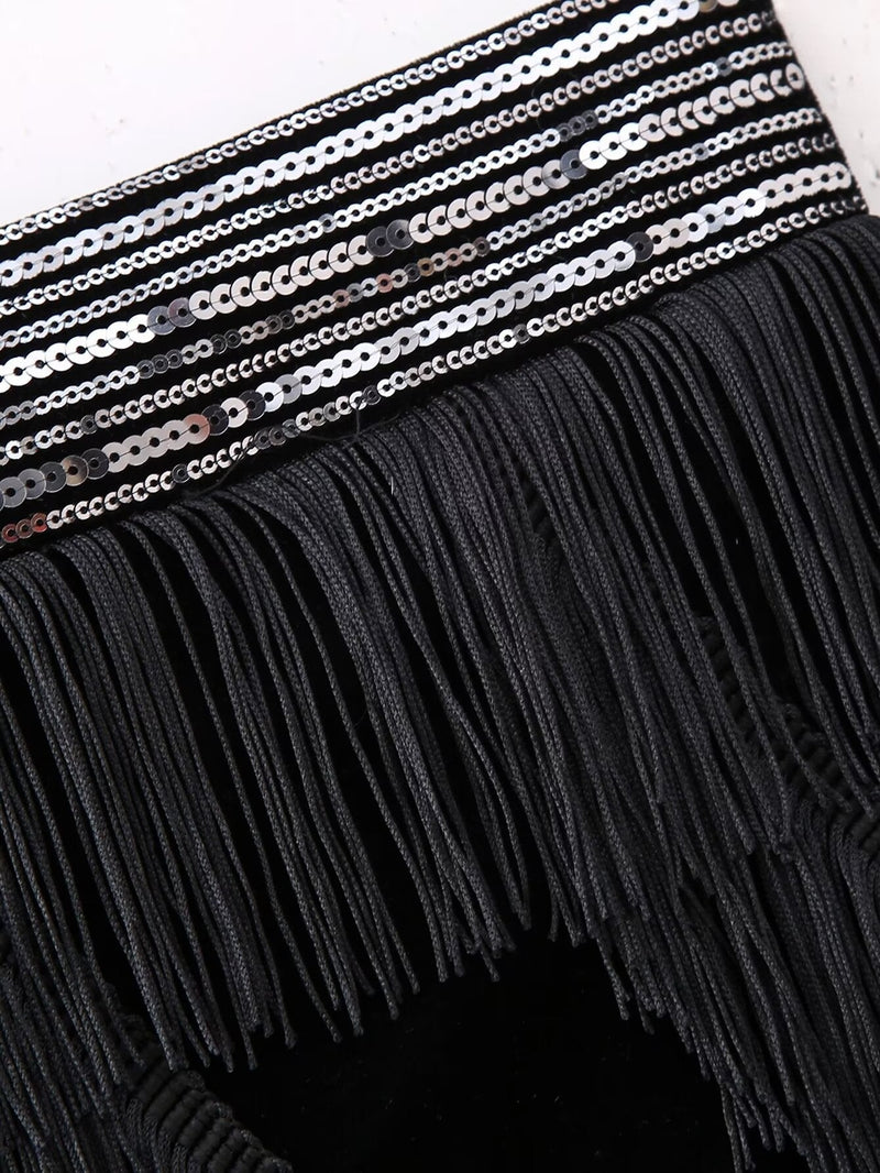 Tassel Fringe Velvet Waist Coat Vest Mini Skirt Set