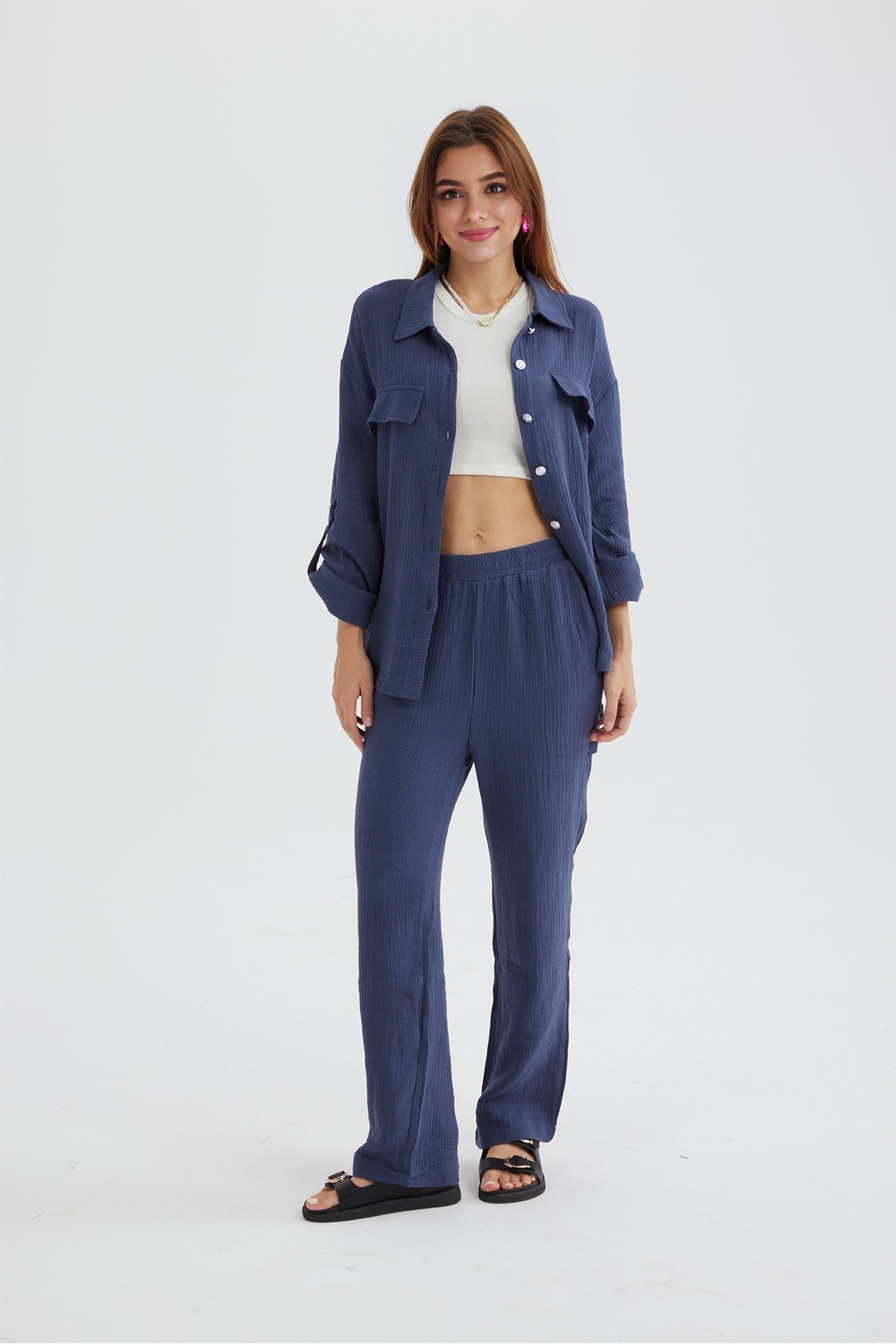 Long Sleeve Pocketed Slit Shirt Long Pants Suits