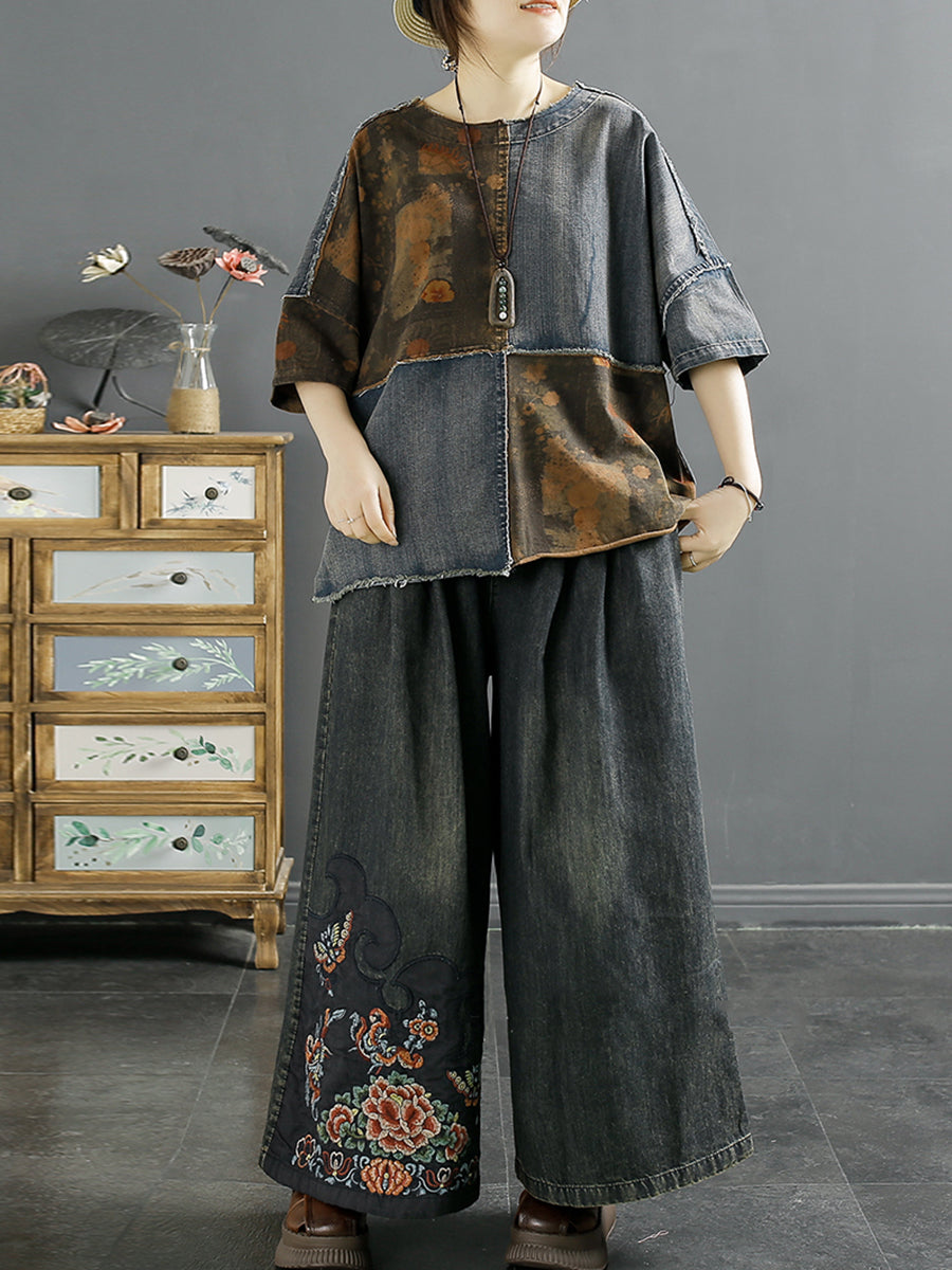 Summer Embroidery Denim Wide-leg Pants Aa1039