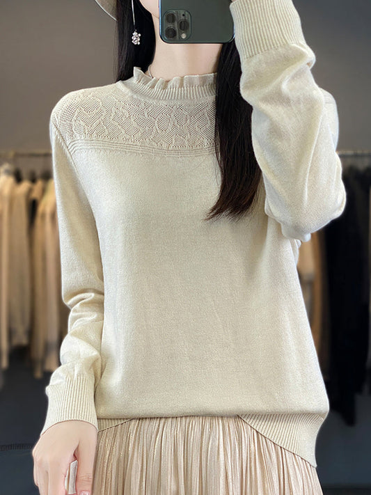 Autumn Lacework Neck 100%wool Loose Sweater Qm020