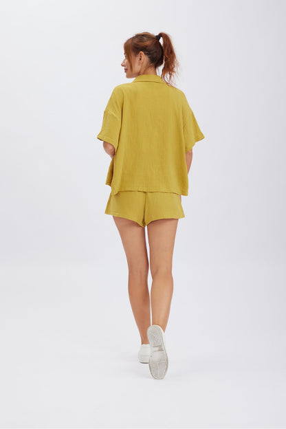Color Short Sleeve Shirt Cotton Two-piece Shorts Set