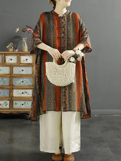 Summer Stripe Button-up 100%ramie Shirt Coat Kl1032