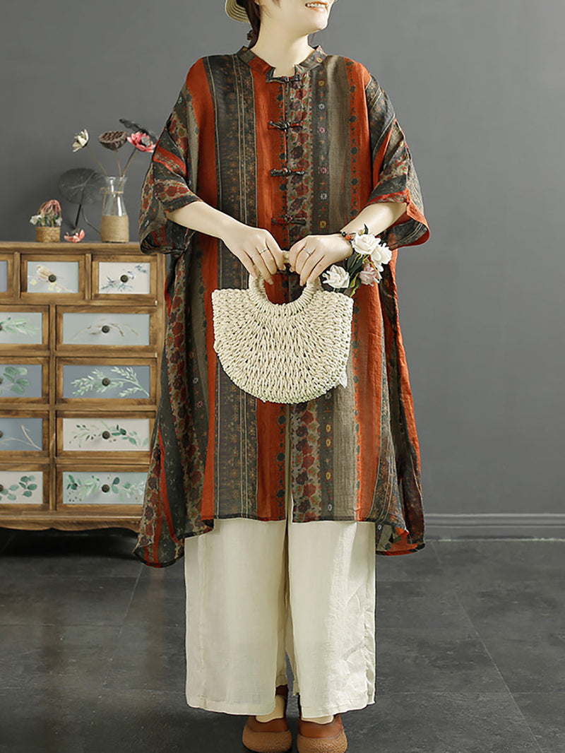 Summer Stripe Button-up 100%ramie Shirt Coat Kl1032