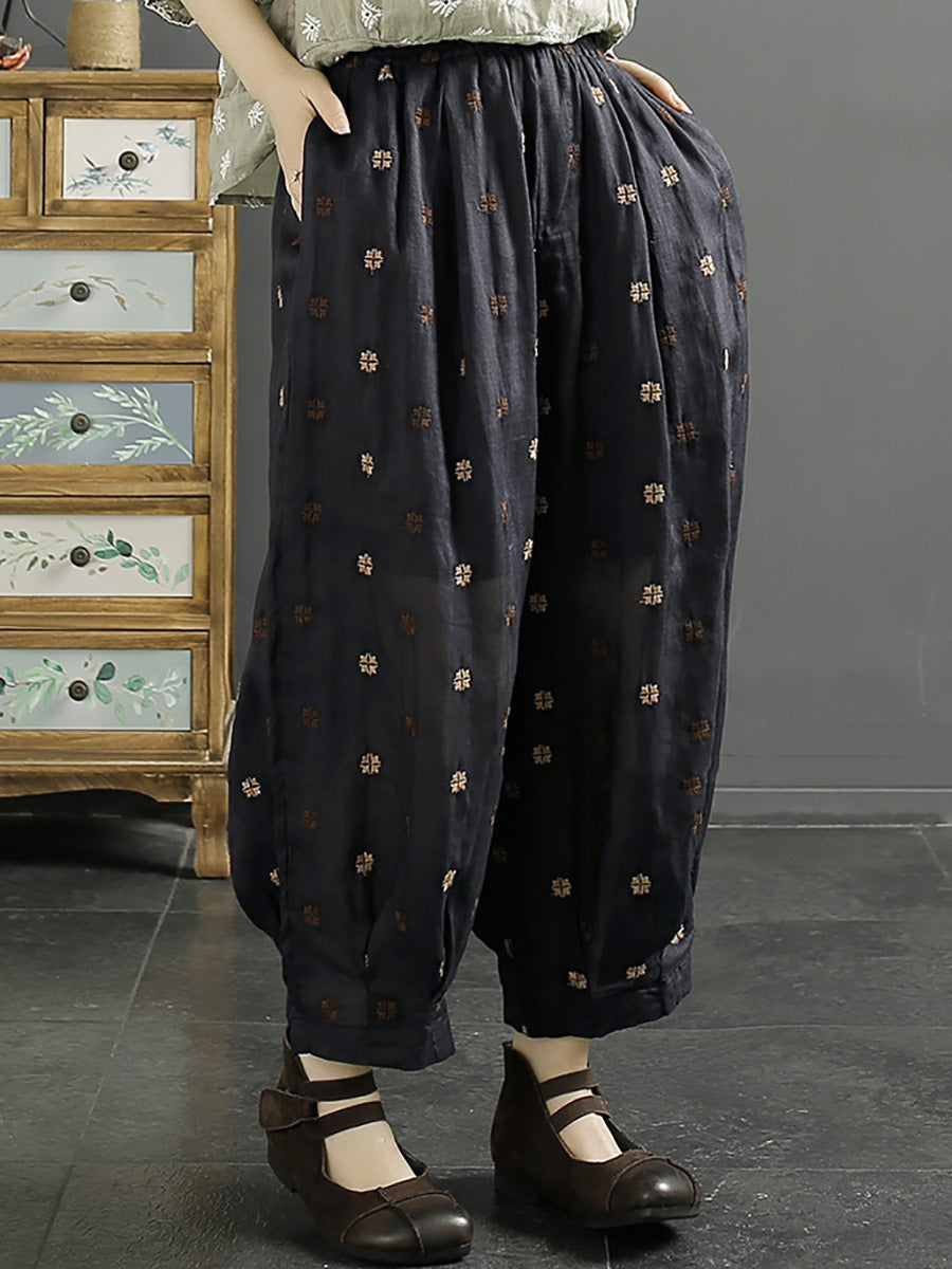 Spring Artsy Flower Embroidery Ramie Harem Pants Kl1009