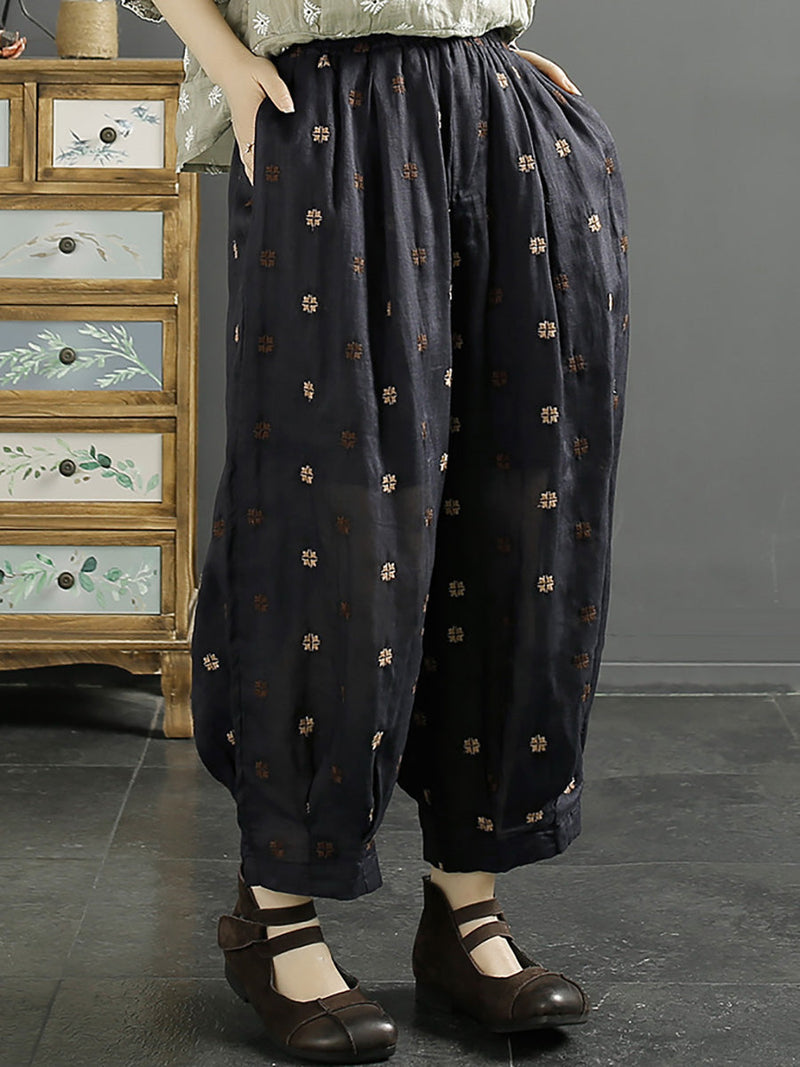 Spring Artsy Flower Embroidery Ramie Harem Pants Kl1009