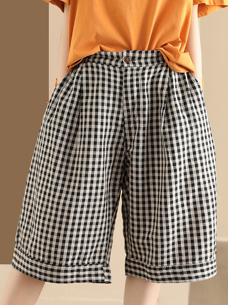 Summer Plaid Linen Wide-leg Pants Pp1028