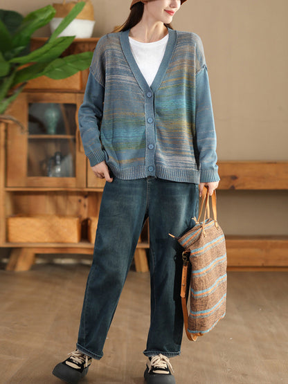 Autumn Artsy Colorful Knit V-neck Cardigan Sweater Ai1077