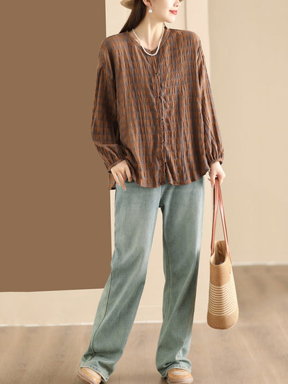 Spring Plaid Ramie Button Up Blouse Co1044