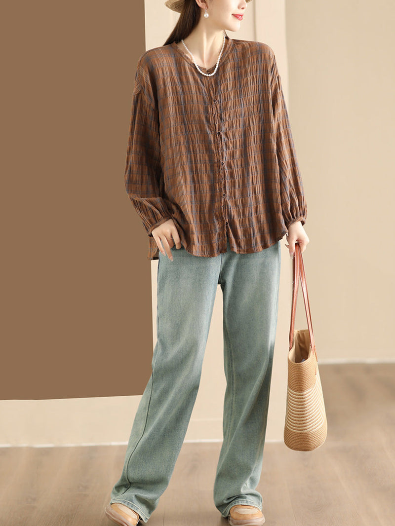 Spring Plaid Ramie Button Up Blouse Co1044