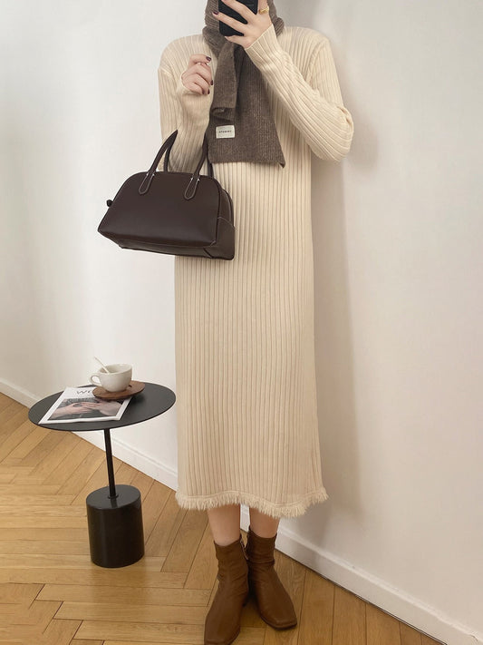 Autumn Winter Mock Neck Sweater Mid Length Below the Knee Coat Base Ride Tassel Dress Swing Knitted Dress