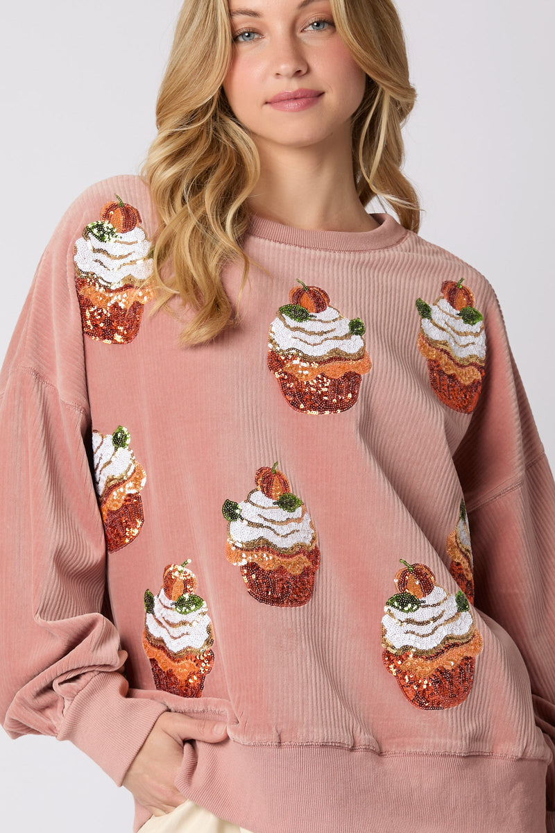 Autumn Winter Christmas Pumpkin Cake Sequ Round Neck Loose Pullover Sweatshirt