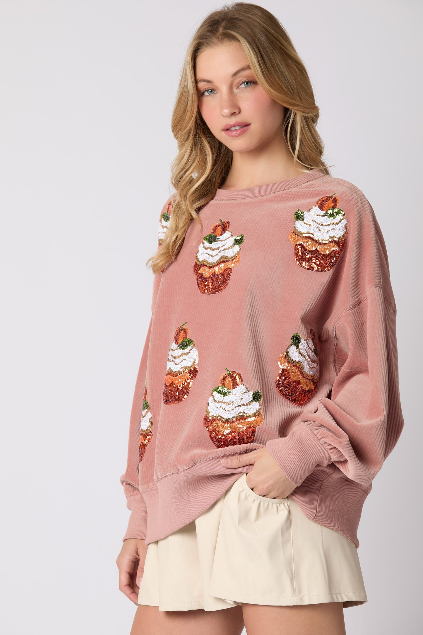 Autumn Winter Christmas Pumpkin Cake Sequ Round Neck Loose Pullover Sweatshirt