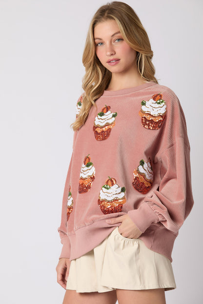 Autumn Winter Christmas Pumpkin Cake Sequ Round Neck Loose Pullover Sweatshirt