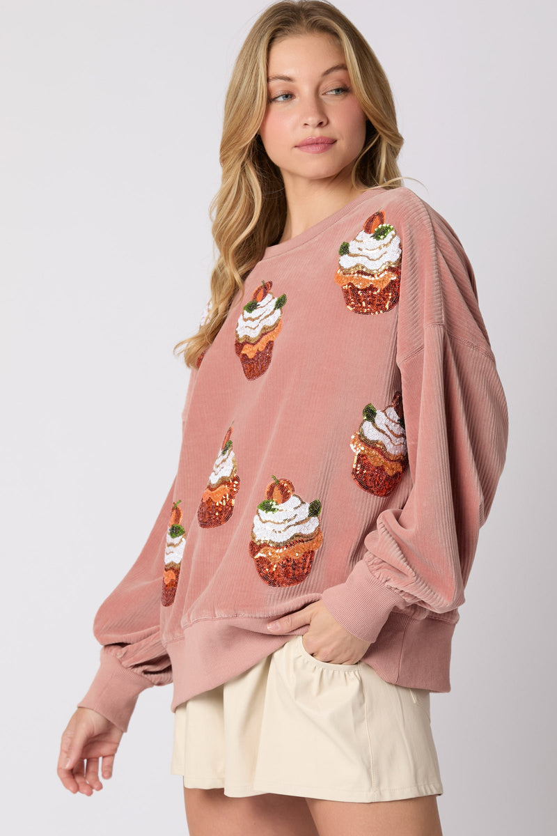 Autumn Winter Christmas Pumpkin Cake Sequ Round Neck Loose Pullover Sweatshirt