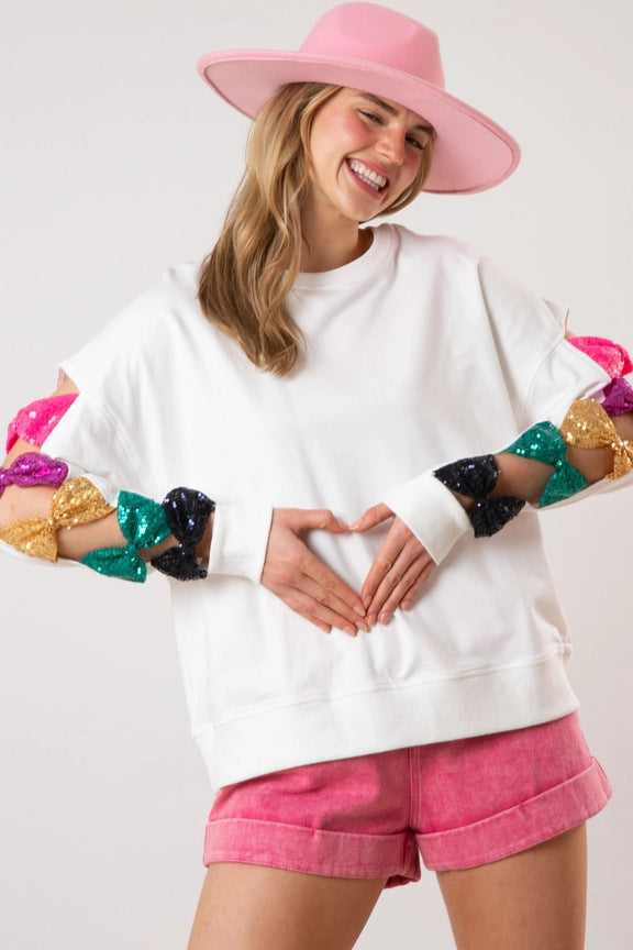 Summer Bow All Match Sequ Top Long Sleeve Sweatshirt for