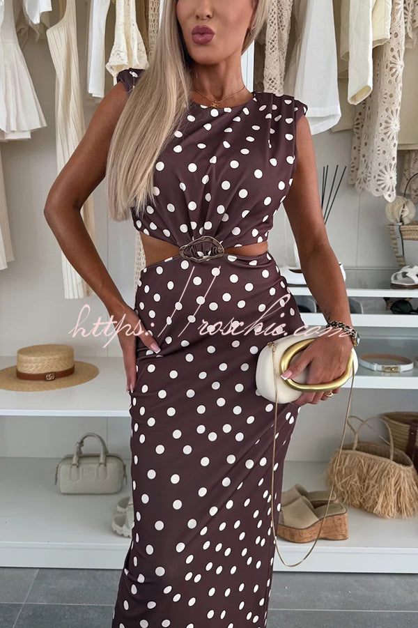 Roxane Polka Dot Print Shoulder Pad Metal Cutout Waist Slit Stretch Maxi Dress