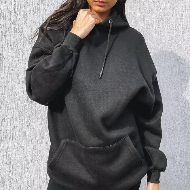 Winter Drawstring Pocket Decoration Long Sleeve Hooded Fleece Lined Sweatshirt