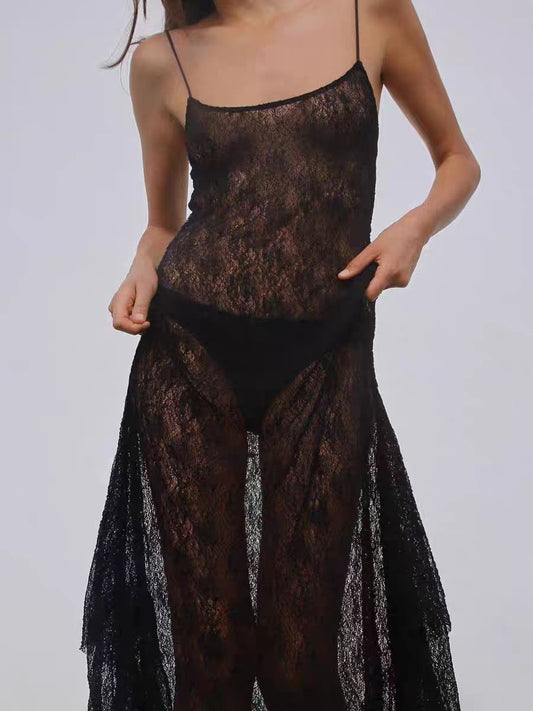 Lace See Through Layered Thin Shoulder Strap Maxi Dress