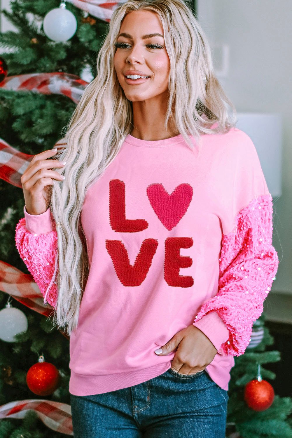 Clothing Valentine Day Sequined Sleeves All Match Top Sweet Long Sleeve Sweatshirt for