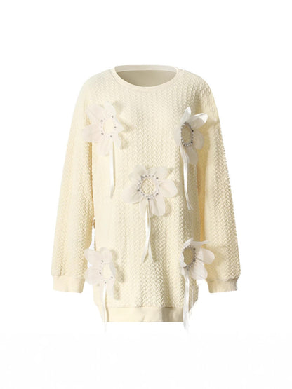 Mid Length Autumn Winter Color Three Dimensional Beaded Loose Outer Wear Sweatshirt
