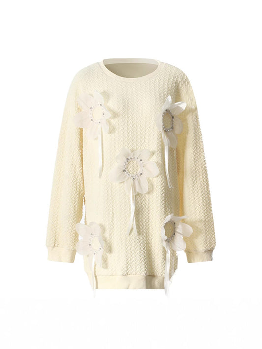Mid Length Autumn Winter Color Three Dimensional Beaded Loose Outer Wear Sweatshirt