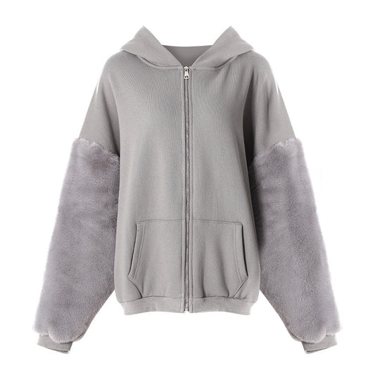 Winter Hooded Fleece Lined Furry Sleeves Sweatshirt Idle Loose Sleeve Length Cardigan Outerwear Top