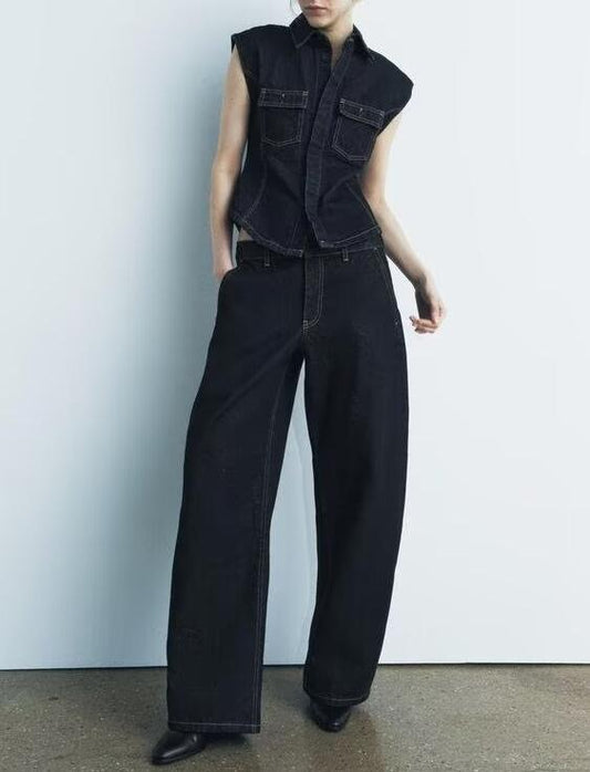 Winter Sleeveless Denim Vest Mid Rise Pants Sets
