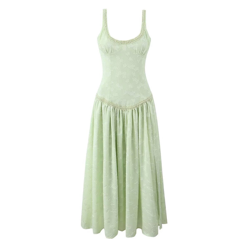 Design Pearl Decorative Jacquard Split Maxi Dress Seaside Vacation Sling Dress