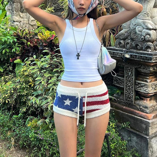 Street Low Waist Star Stripes Contrast Color Woolen Shorts Lace Up Slim Fit All Match Retro Pants