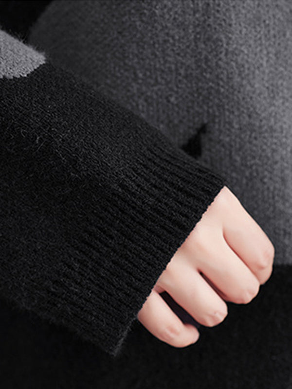 Loose Black Round-neck Contrast Color Flower Long Sleeve Sweater An1070