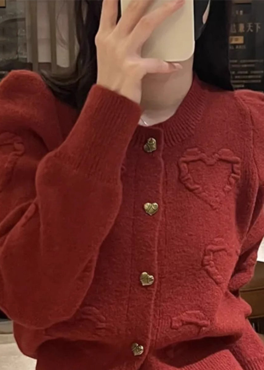 Red O Neck Button Knit Cardigan Fall Qx024