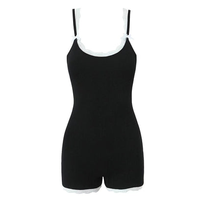 Summer Contrast Color Lace Splicing Sling Jumpsuit Backless Slim Fit Base Shorts