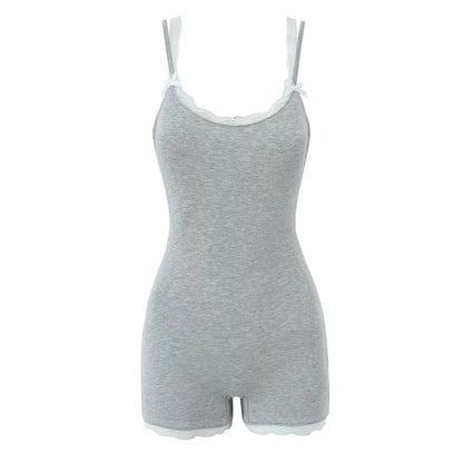 Summer Contrast Color Lace Splicing Sling Jumpsuit Backless Slim Fit Base Shorts