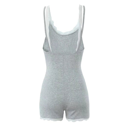 Summer Contrast Color Lace Splicing Sling Jumpsuit Backless Slim Fit Base Shorts