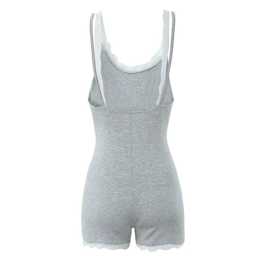 Summer Contrast Color Lace Splicing Sling Jumpsuit Backless Slim Fit Base Shorts