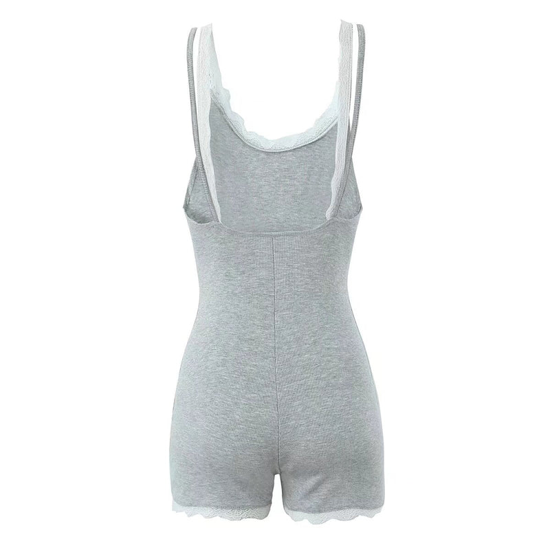 Summer Contrast Color Lace Splicing Sling Jumpsuit Backless Slim Fit Base Shorts