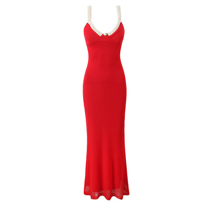 Decorative Party Fishtail Dress Slim Stretch Mesh Camisole Maxi Dress