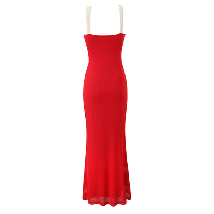 Decorative Party Fishtail Dress Slim Stretch Mesh Camisole Maxi Dress