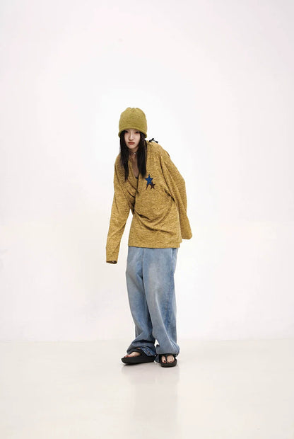 Mustard Yellow Knit Sweater With Star Patch